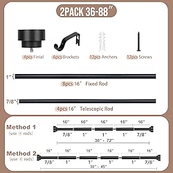 HEI! DEAR 2 Pack Black Curtain Rods 48 to 84