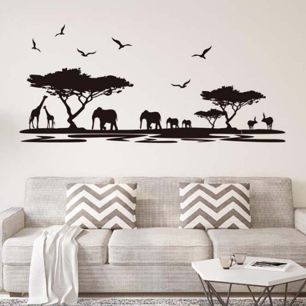 African Safari Silhouette Wall Art Stickers Trees Elephant Giraffe Birds Antelope Black Decorative Removable DIY Vinyl Wall Decals Living Room, Bedroom Mural