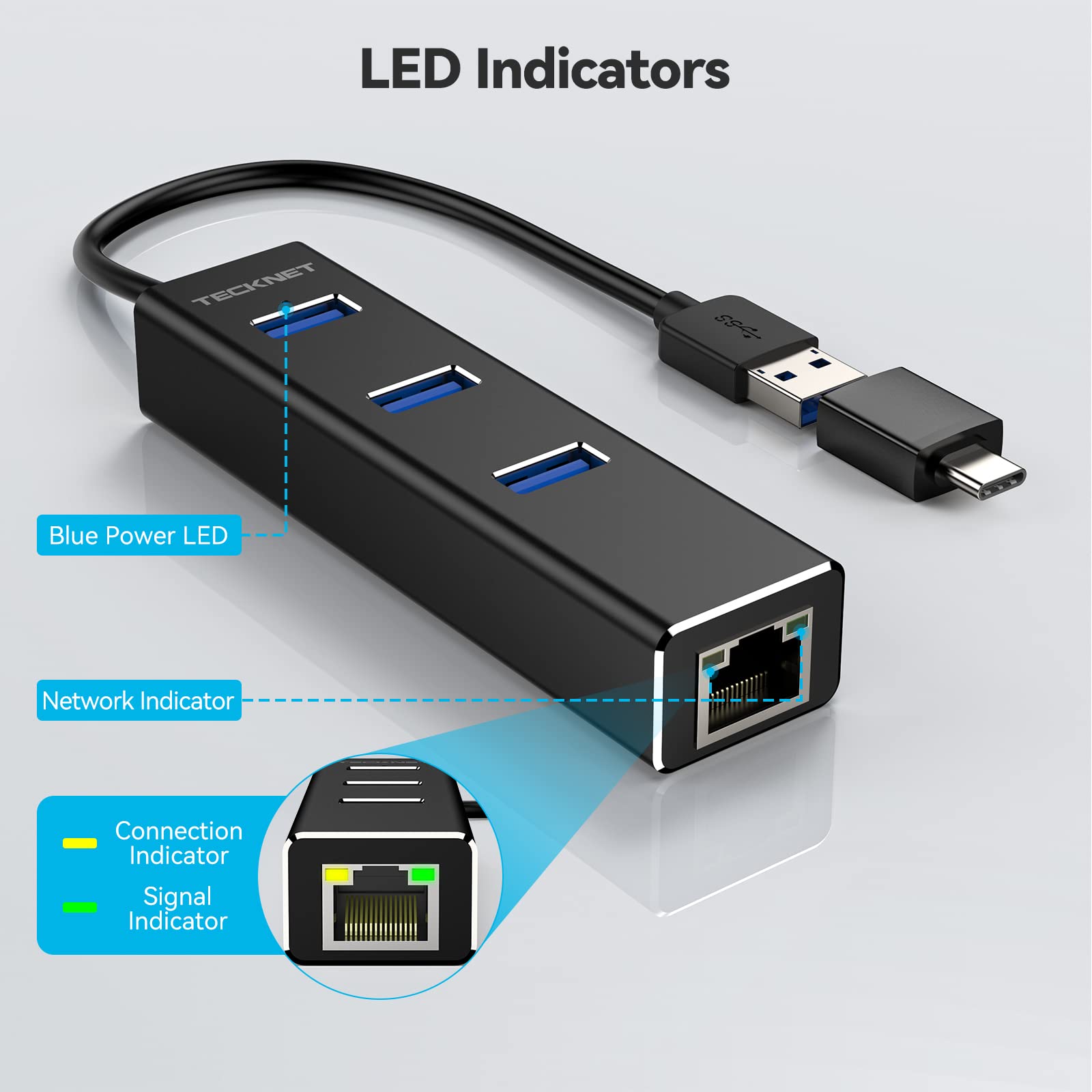 USB to Adapter, USB C to Aluminum 3 Port USB