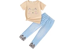 TOGRIELAN 4-8T Toddler Girl Clothes Cat face print Short Sleeve Top+Pants Outfits Girl Spring and summer 2-Piece Set