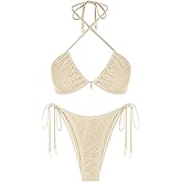 seamoly Women's Bikini Sets Halter Fishnet Shell Decorated Two Piece Swimsuit Sexy Side Tie Thong Bandeau Bathing Suits