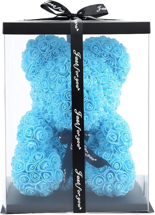 blue rose bear with box