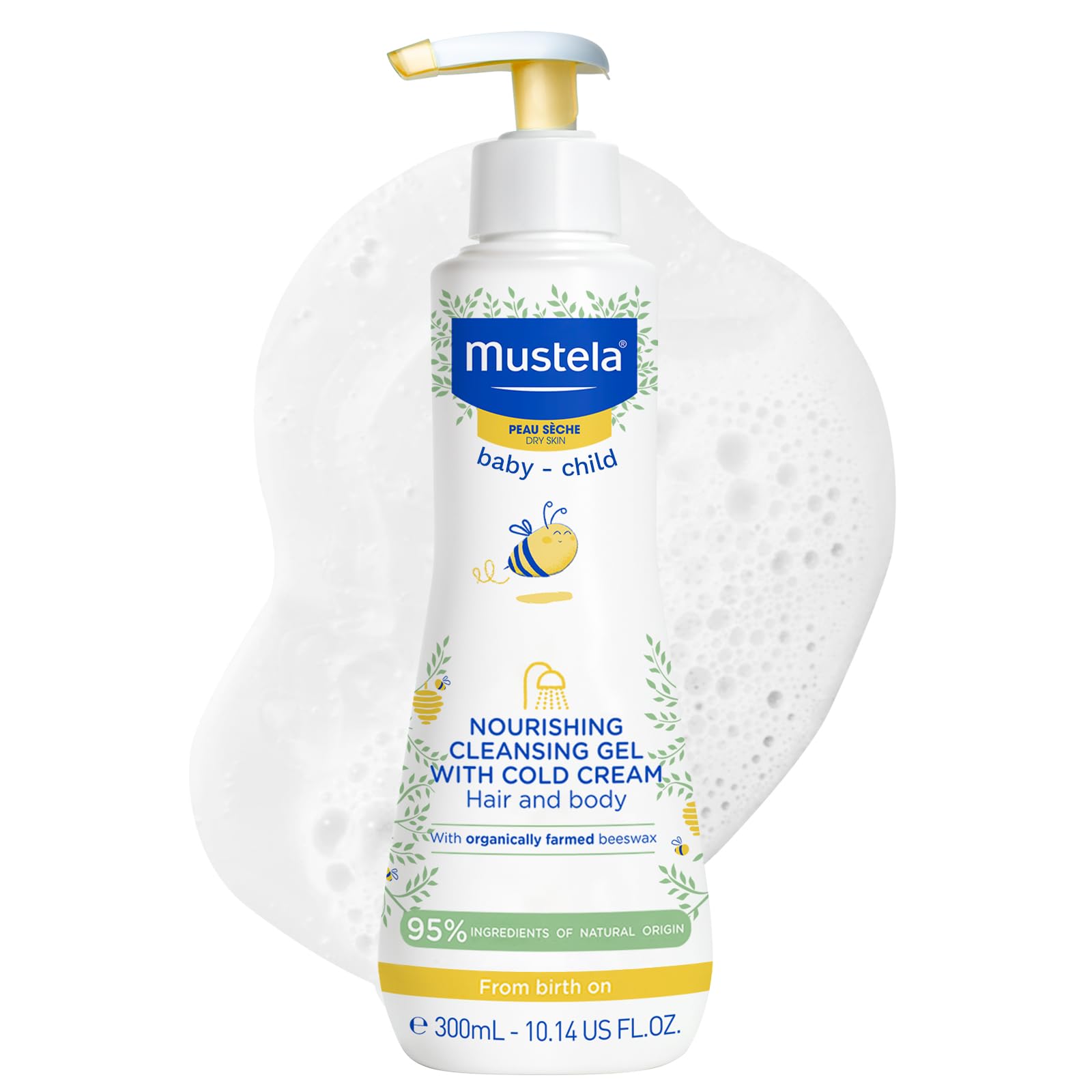 Mustela - Nourishing Cleansing Gel with Cold Cream - Gentle Gel Cleanser for Hair and Body - Enriched with Organic Beeswax and Ceramides - Suitable Baby Wash and Shampoo for Dry Skin - 300 ml