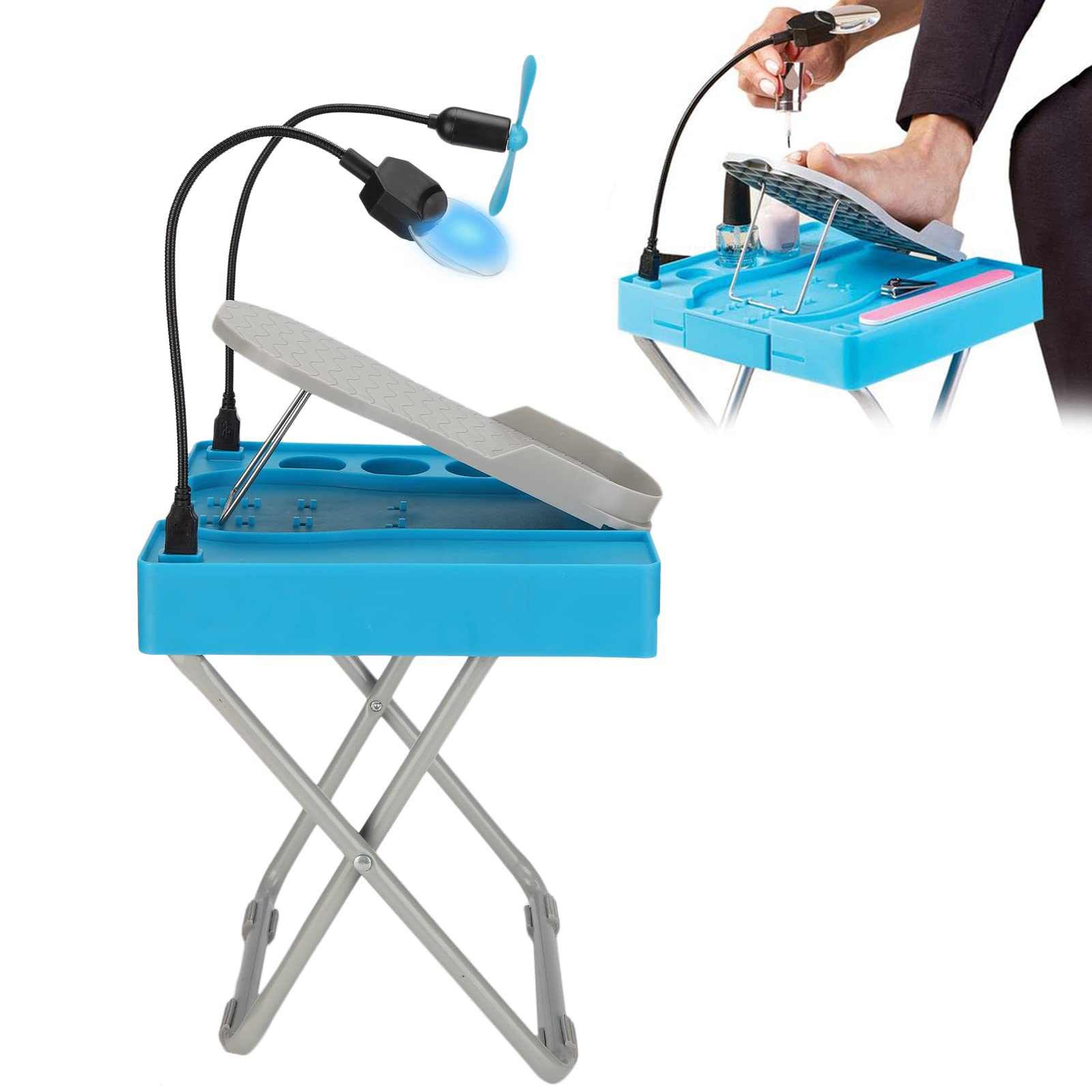 Pedicure Foot Rest Non Slip Professional Adjustable Pedicure Stand Kit with LED Magnifier Drying Fan Foldable Foot Rest Easy to Carry Home Beauty Use