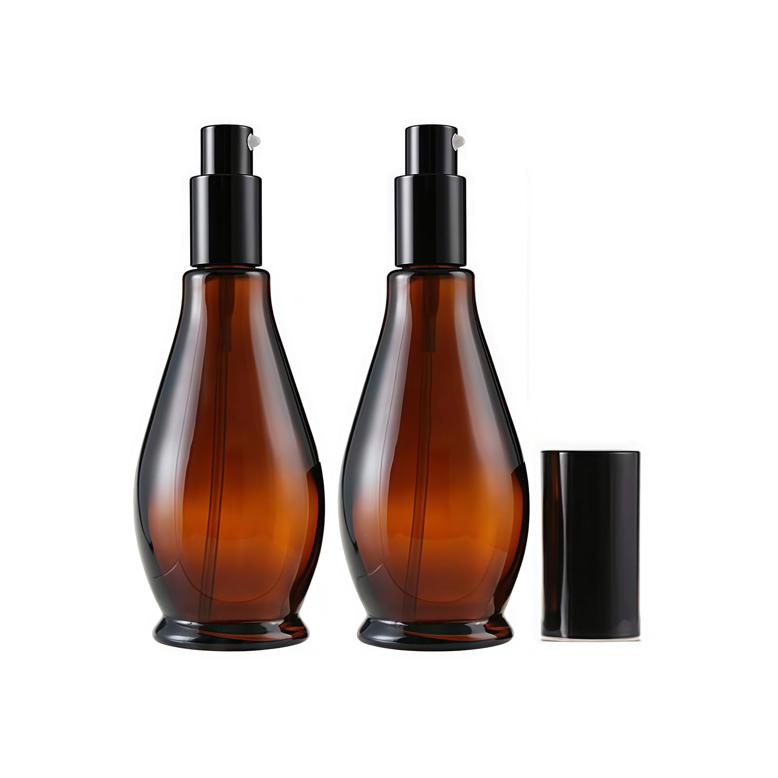 2PCS 100ml Empty Portable Gourd Shape Amber Glass Lotion Pump Bottle Jars Makeup Cream Facial Cleanser Toiletries Liquid Travel Containers Essential Oil Dispenser
