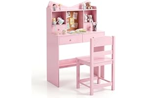 Costzon Kids Desk and Chair Set, Study Writing Table Set w/ 4 Drawers, Cork Bulletin Board & Open Shelves for Home School Chi