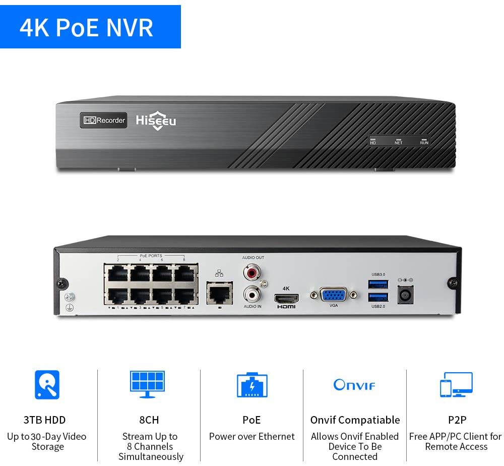 Hiseeu 4K PoE Security Camera System, 8CH 8MP Home Surveillance NVR System with 3TB HDD, 4Pcs 4K IP Wired Camera with Night Vision for Indoor Outdoor Security, 30 Days Video/Audio Loops Recording