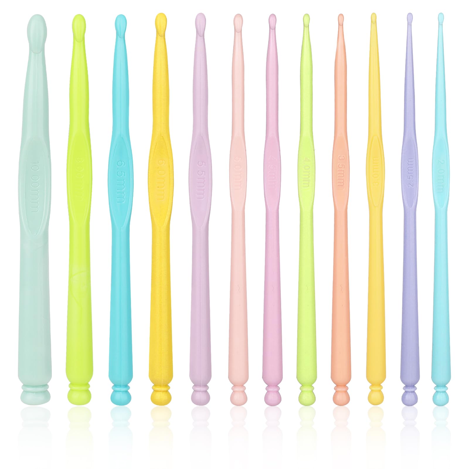 12 Pcs Plastic Crochet Hooks (2.0-10.0 mm) Knitting Needles Set Different Sizes Ergonomic Handle Crochet Craft Yarn Weaving Tools for Hat Gloves Scarf Knitting