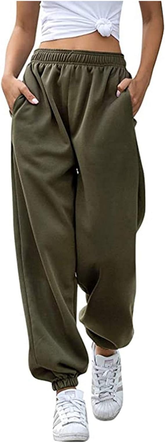 Women's Casual Track Pants Elastic High Waist Jogger Sweatpants Solid Color Running Sports Pants 