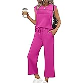 WIHOLL Two Piece Sets for Women Summer Spring Lounge Sets Travel Vacation Outfits Cap Sleeve Side Slit Wide Leg Pants S-3XL
