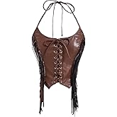 MakeMeChic Women's Western Fringe PU Leather Halter Corset Top Cowgirl Lace Up Tie Back Rave Festival Tops