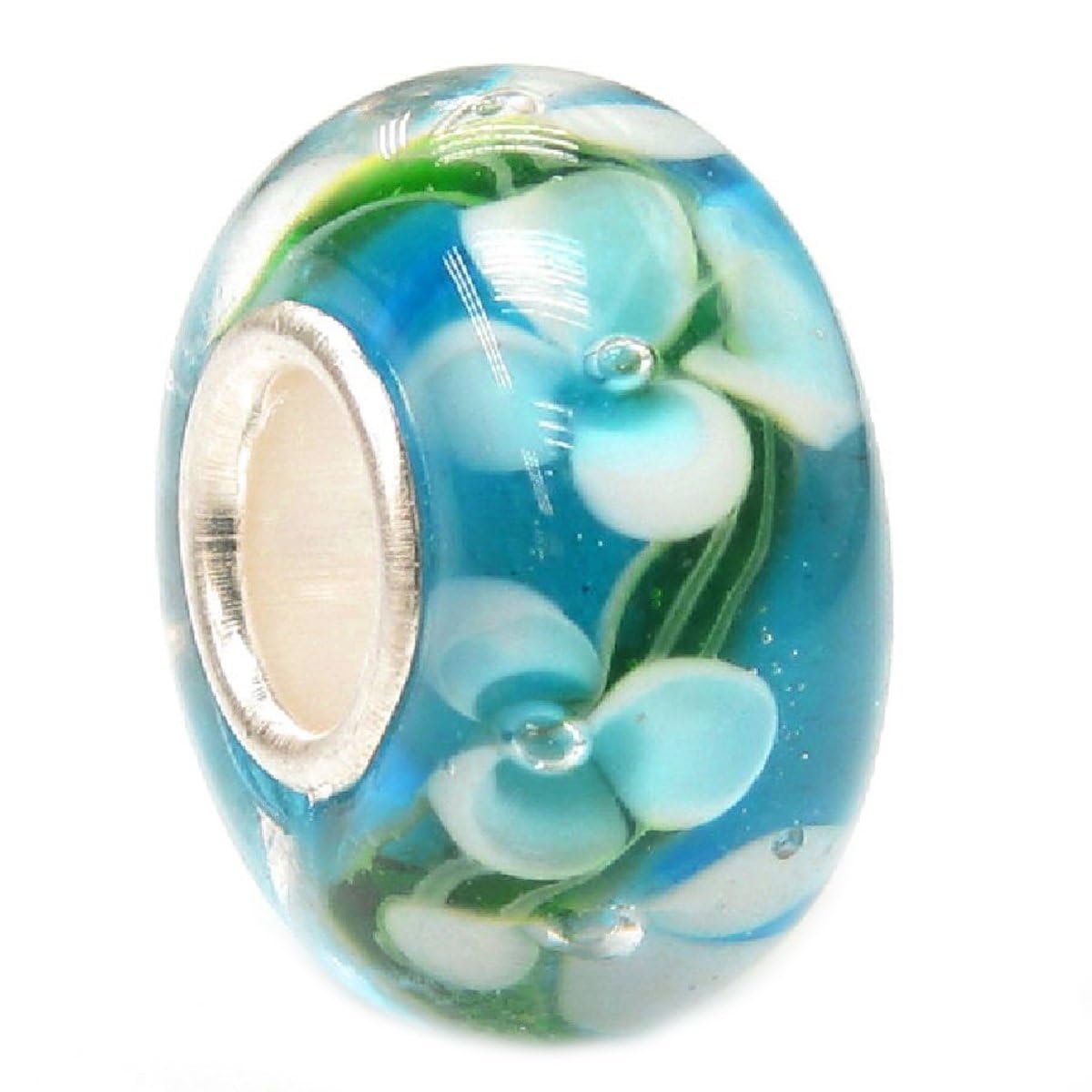Queenberry Blue Hawaii Flower Glass Bead Sterling Silver Core For European Charm Bracelets