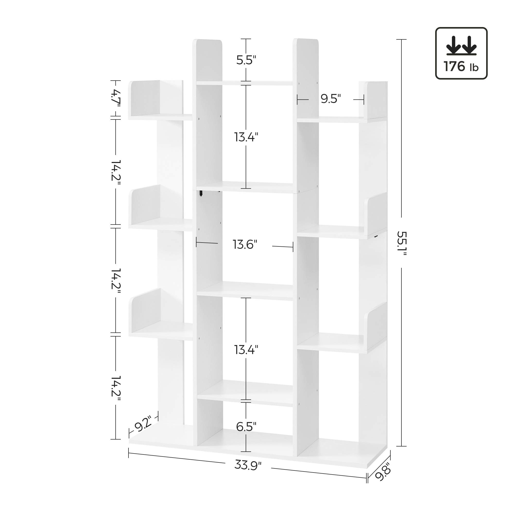 VASAGLE Bookshelf, Tree-Shaped Bookcase with 13 Storage Shelves, Rounded Corners, 9.8”D x 33.9”W x 55.1”H, White ULBC067W01