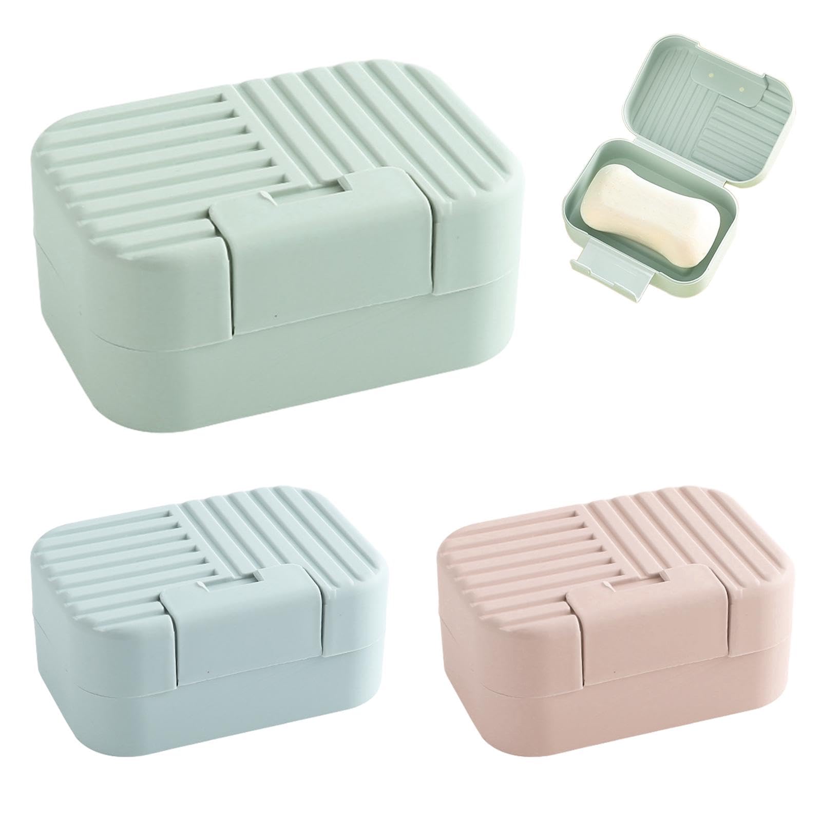 3Pcs Soap Dish with Lid, Portable Travel Soap Container Waterproof Leakproof Soap Holder Box Closable Soap Case for Shower Travel Hiking Kitchen Bathroom Sink Gym and Camp(Green, Blue, Pink)