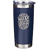 Christian Art Gifts Large Travel Tumbler for Men & Women Stainless Steel Vacuum Insulated Inspirational Scripture: Walk by Faith, Retractable Lid, Navy Blue, 18 oz.