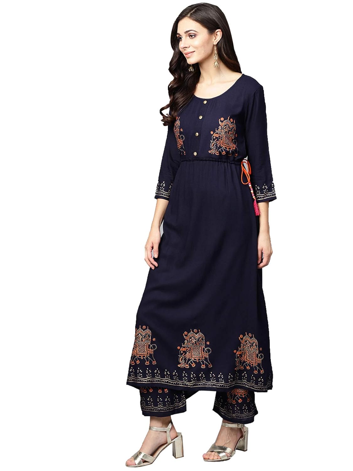 ishin women navy blue viscose rayon printed palazzo kurta set