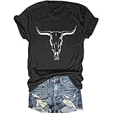 Cow Skull Shirts Women Western Cowgirl Shirts Boho Bull Skull T Shirt Vintage Rodeo Graphic Tee Tops
