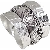 Handmade Hammered Sterling Silver Wide Band Lotus Ring, Lotus Flower Zen Buddhist Yoga Adjustable to US Size 6-11 Wrap Band, Semi Shiny, Gift for Her