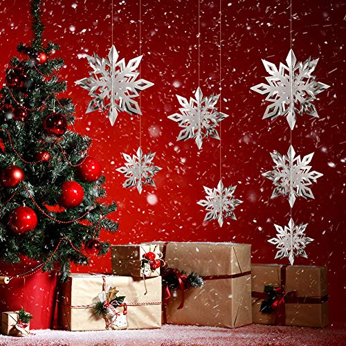 JOLLYSTYLE 12PCS Christmas Snowflake Hanging Decorations - Holiday/New Year/Winter Wonderland Party Supplies Favors 3D Glitter Large White Snowflakes