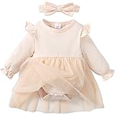 SOBOWO Newborn Infant Baby Girl Romper Dress Tutu Ruffle Long Sleeve Tulle Solid Onsies Dresses Fall Outfits with Headband