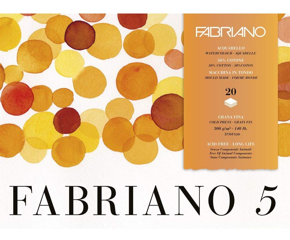 Fabriano Disegno 5" Handmade Paper, Watercolour Cardboard, Natural White, Fine Grain, 300 g/m², A3, 20 Sheets, Pad Glued on 4 Sides, Chlorine and Acid Free