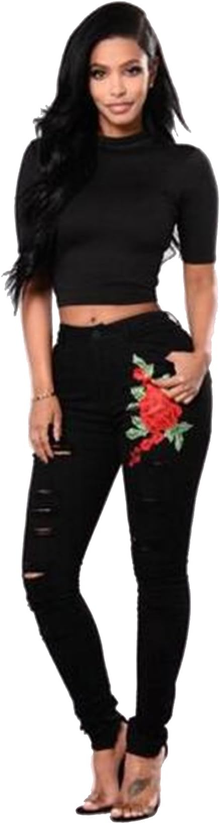 Dunland Roll up Flowers Elastic Embroidery High Waist Skinny Jeans in Distressed Medium Blue Wash