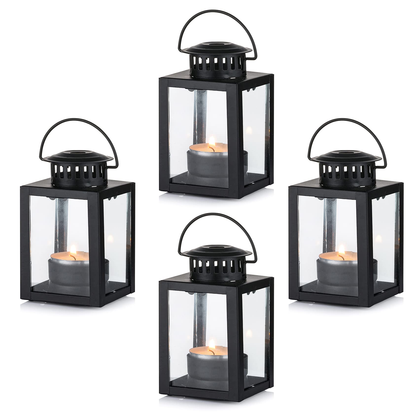 Nuptio Lanterns for Candles Garden Lanterns, 4 Pcs Vintage Style Hanging Small Lanterns for Tealight Candle, Black Candle Tea Light Holders for Indoor Outdoor Events Birthday Party Wedding