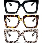 REAVEE 3 Pack Oversized Reading Glasses for Women Large Frame Extra Wide, Blue Light Blocking Stylish Thick Square Readers