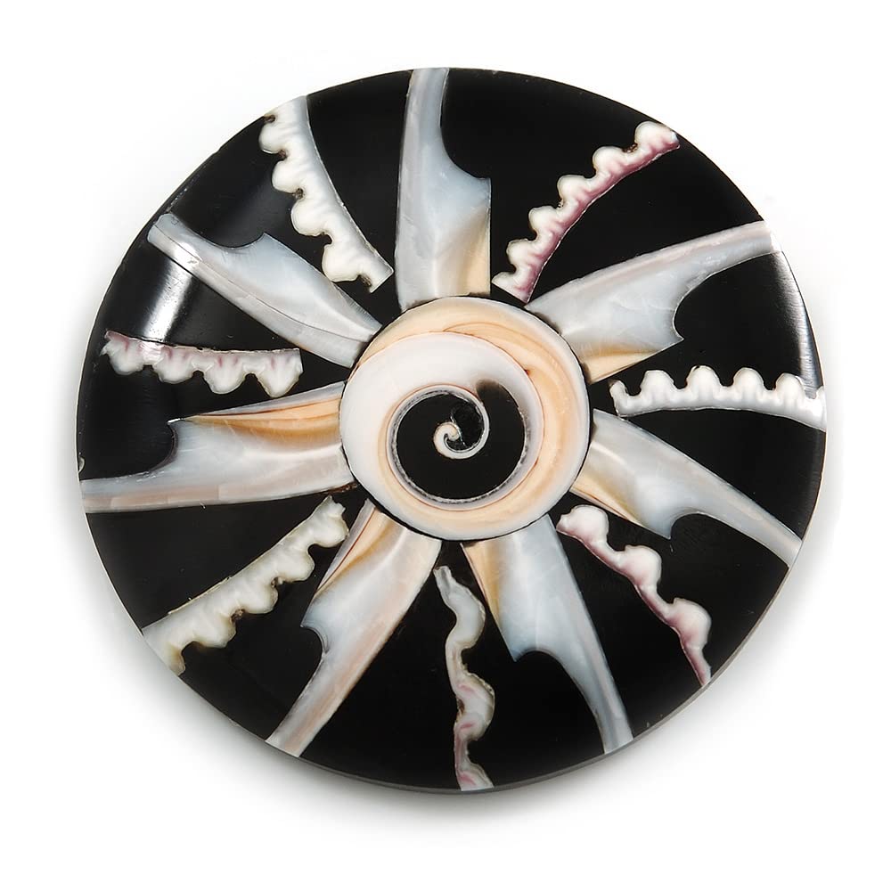40mm L/Round Sea Shell Brooch/Black/White/Cream Shades/Handmade/Slight Variation In Colour/Natural Irregularities