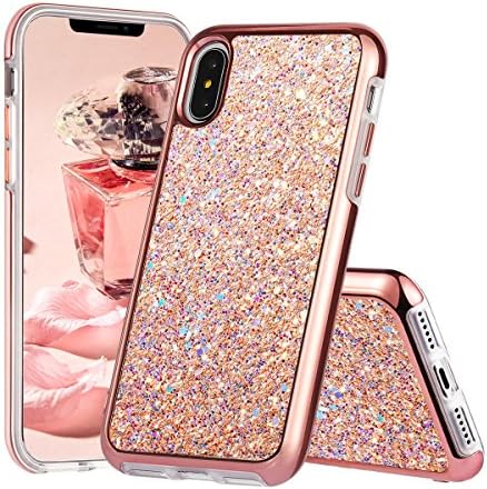 Iphone X Case,Luxury Glitter Shockproof Dual Layer Hard Pc Back Flexible Tpu Inner Protective Cover with Screen Protector and Lanyard Stray for Apple Iphone X/10 5.8 Inch (Rose Gold)