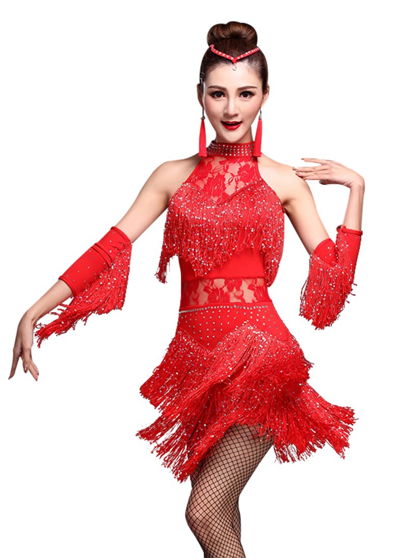 Z&X Women Dancewear Rhinestone Fringed Sleeveless Latin Dance Dress 4 Pieces Outfits (Tag L, Red)