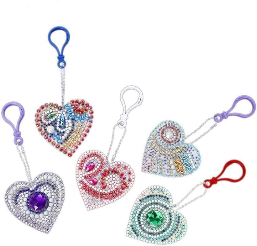 bismarckber 5Pcs DIY Heart Shape Diamond Painting Keyring Key Chain Charm Bag Pendant Car Key Decor