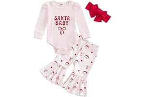 Twopumpkin My First Christmas Baby Girl Outfit Newborn Santa Baby Onesie and Bell Bottoms Ribbed Outfits With Heanband