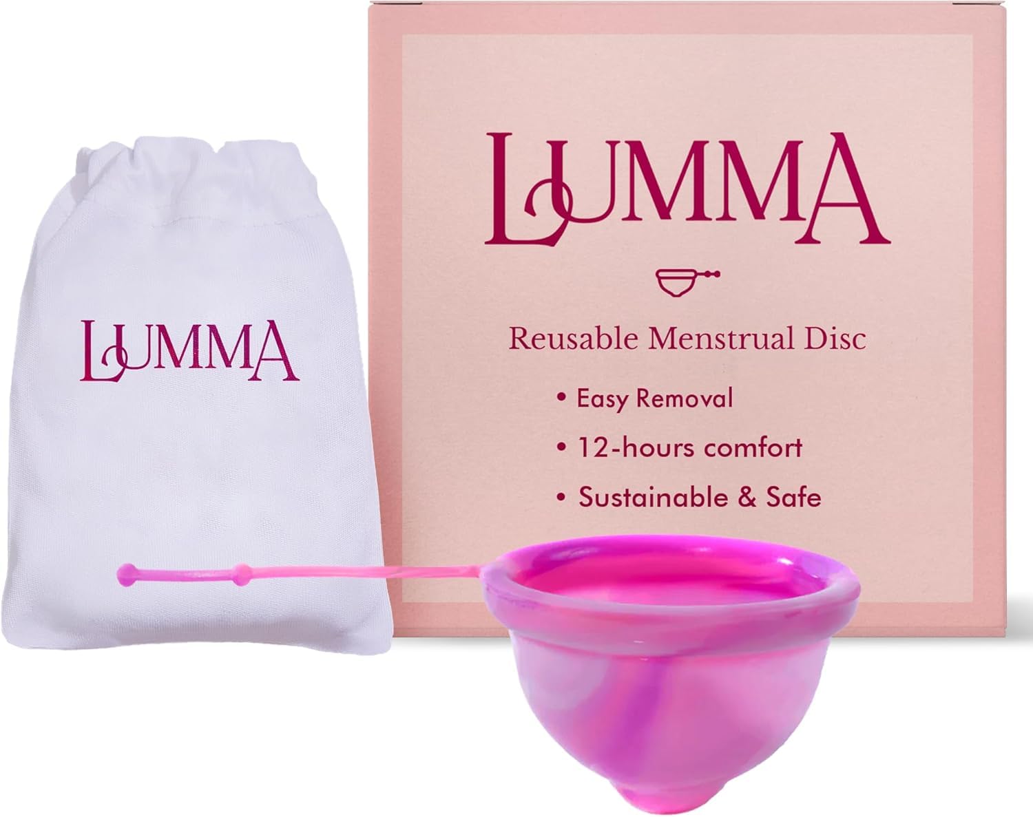 Photo 1 of LUMMA Menstrual Disc | Includes Carrying Pouch and Silicone String for Easy Removal | Comfortable & Sustainable Choice to Tampons | Reusable Medical Grade Silicone, Leak-Proof |Pink Love,Medium Cervix