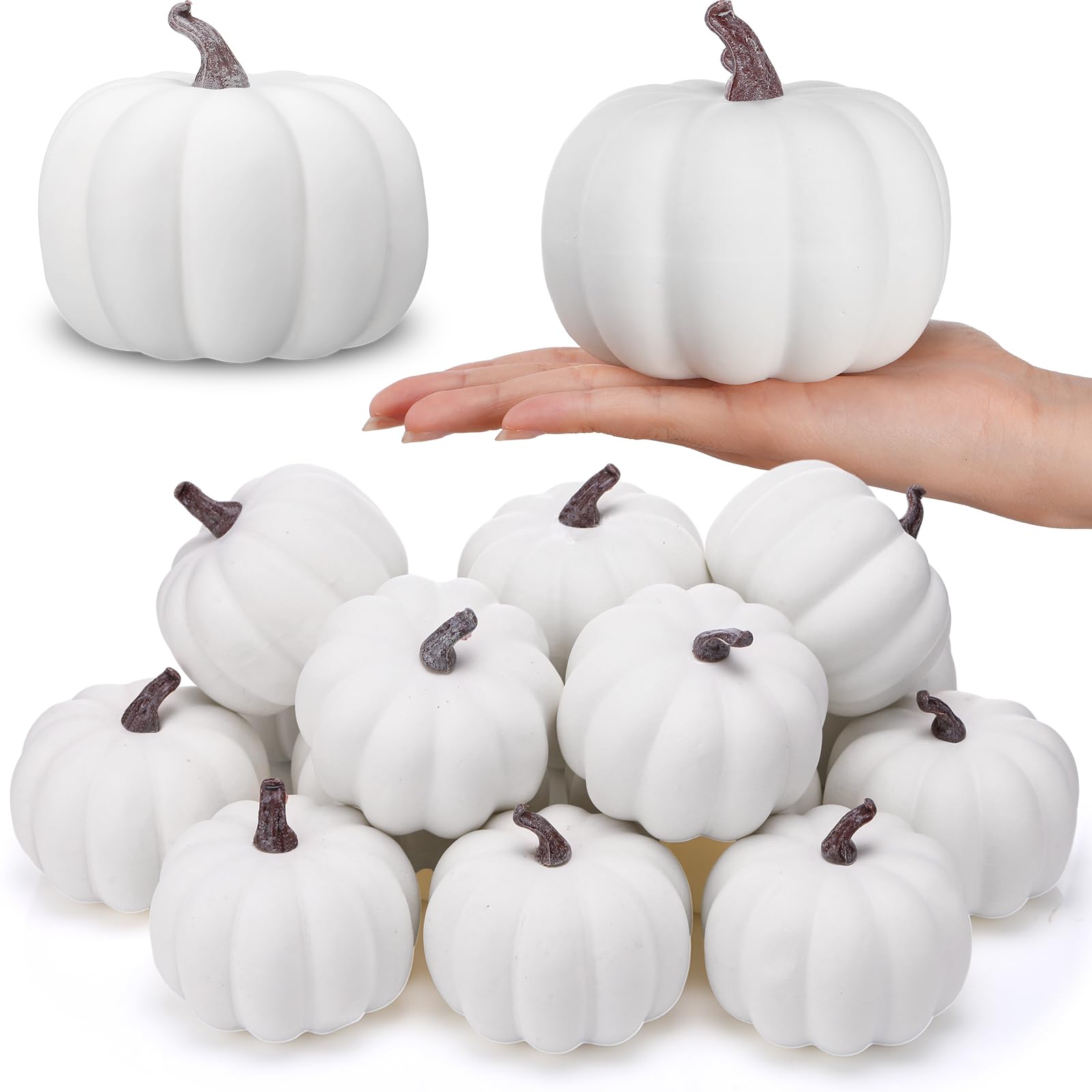 Photo 1 of Liliful 12 Pack 4 Inch Fall Harvest White Artificial Pumpkins Crafts Rustic Decorative Pumpkin Foam Pumpkins Decoration for Halloween Thanksgiving Wedding Dining Table Centerpiece Decorating