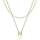 Poxtex Initial Necklaces for Women 14K Gold Silver Plated Letter Jewelry Non Tarnish Layered Dainty Cute A-Z Pendant Choker Necklace Waterproof Trendy Name Necklace Personalized Jewelry Gift for Women