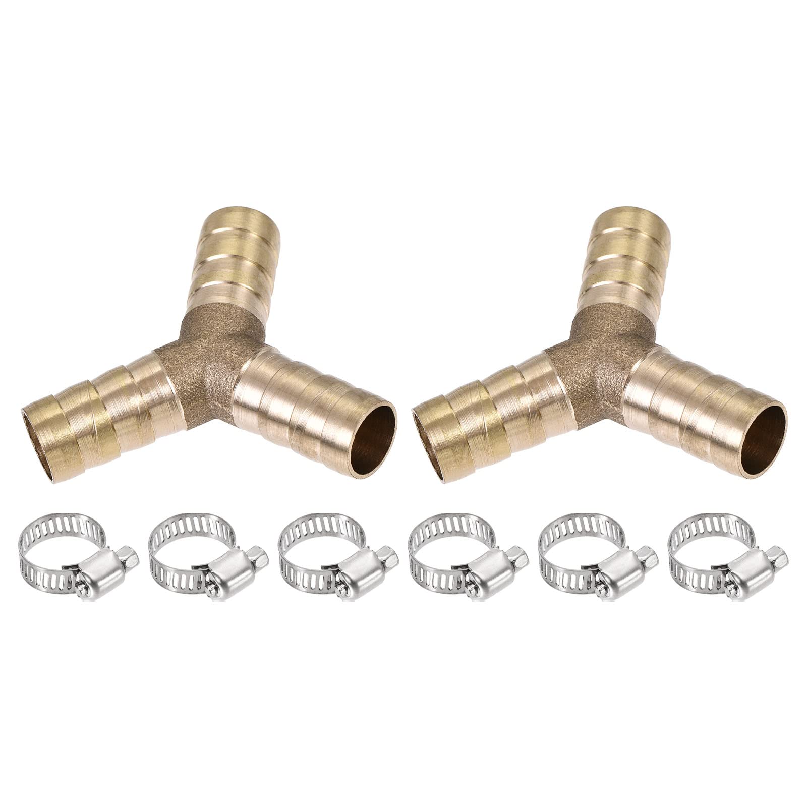 M METERXITY 2 Pack Barb Hose Fittings - 10mm OD Brass Hose Fitting Pipe Connector with Hose Clamps Apply to Water Fuel (Y Shaped 3 Way)