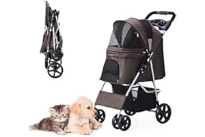 LPOTIUS Pet Stroller for Medium Small Dogs and Cats, Folding Puppy Stroller Dog Cat Cage Jogger Stroller with Cup Holder and Storage Basket, 4 Wheels, Brown