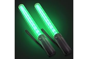 ELLUMIN 2 Pack Traffic Wand, 14-inch Green Traffic Control Baton with 3 Flashing Modes, Night Safety Signal LED Wand with White LED on Top for Airport Marshaling, Parking, Car Directing.（Green, 2pack