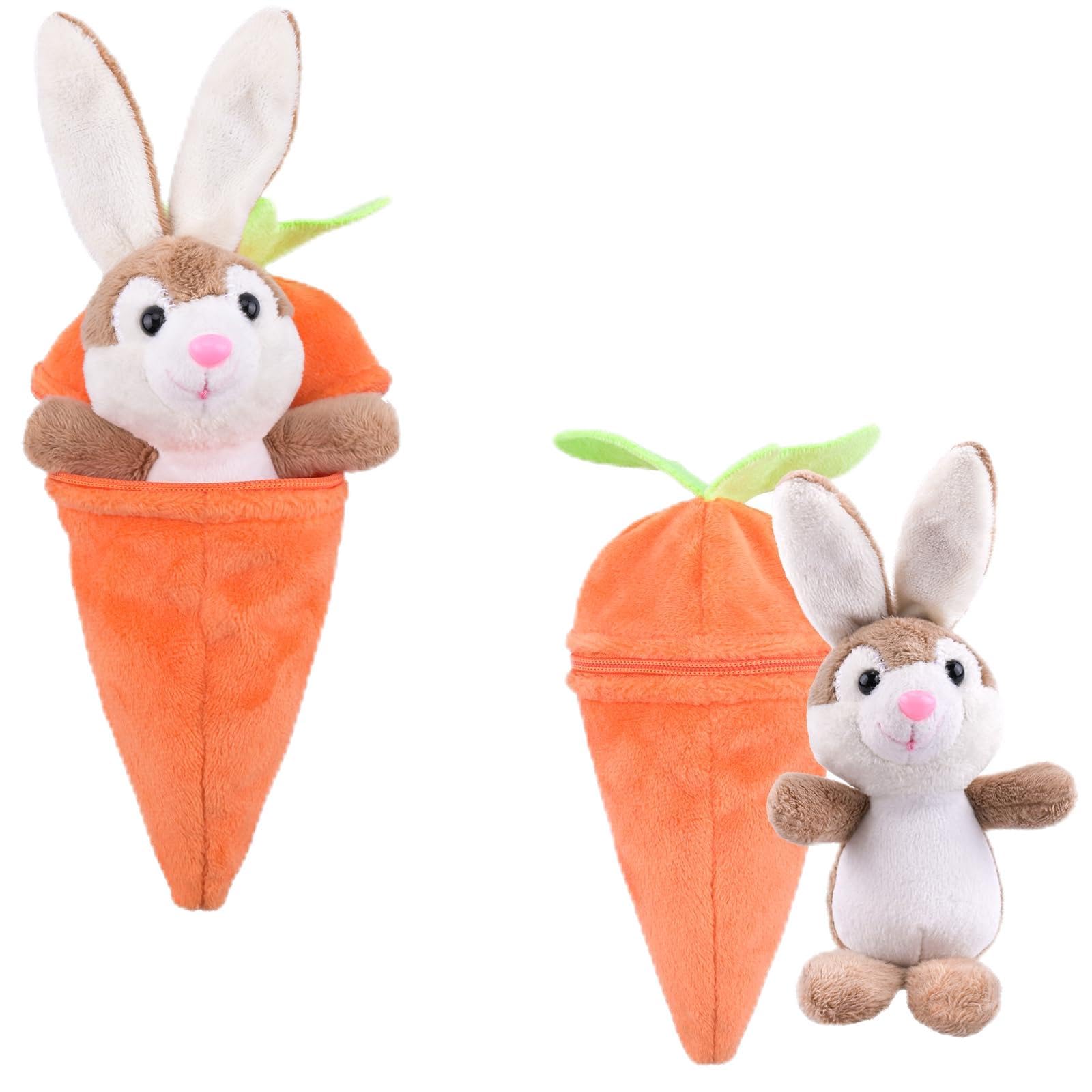 Easter Bunny in Carrot Pouch with Keychain, Cute Stuffed Animal Toy for Easter Basket Stuffers & Gifts (Baby Toddler Kids Girls Boys), Funny Decor, Crafts, Travel Fidget Plush