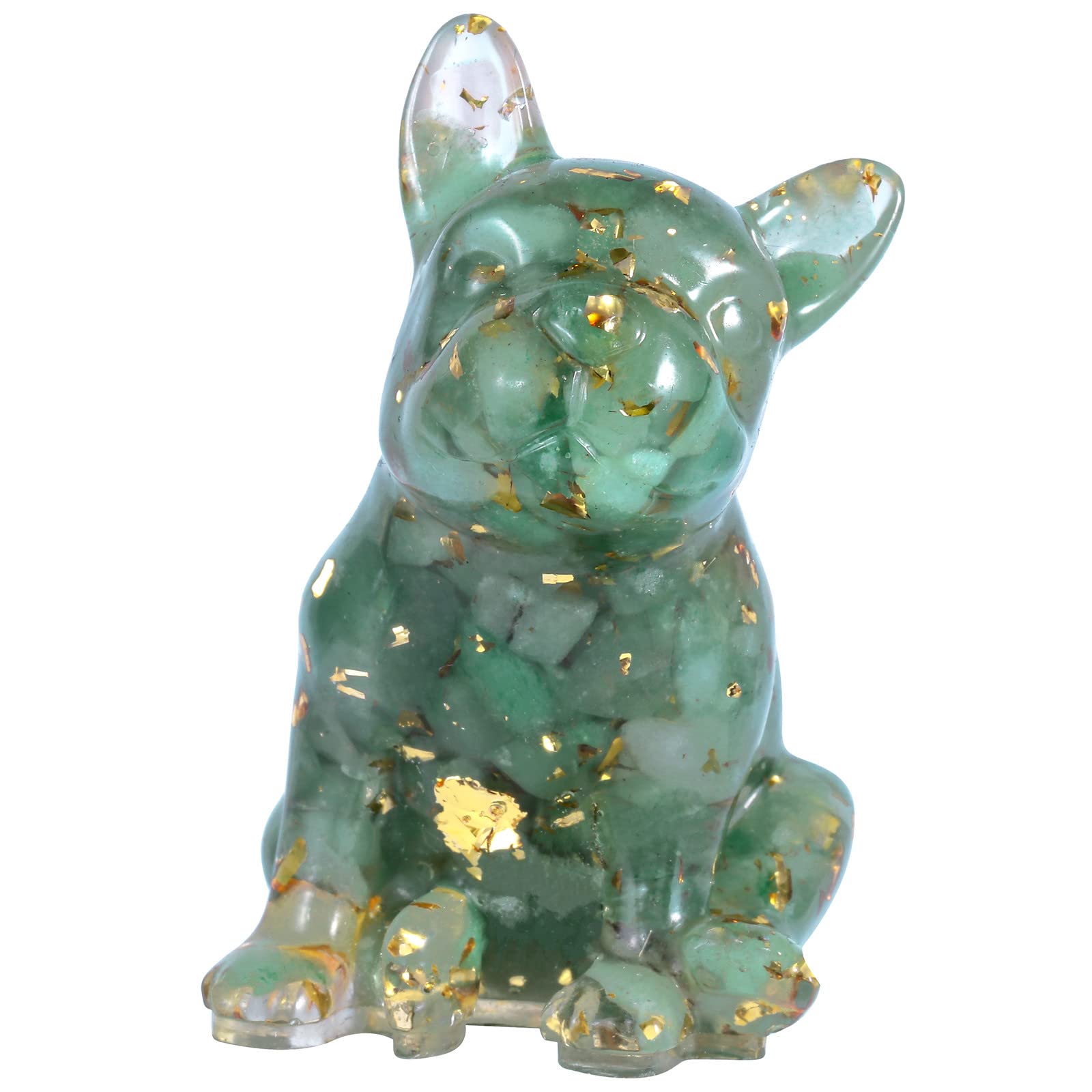 Nupuyai Green Aventurine French Bulldog Carved Crystal Animal Statue Ornament, Energy Healing Stone Pocket Figurine Resin Home Office Decor