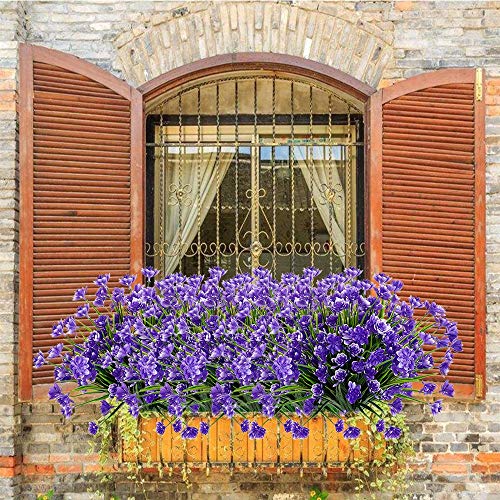 Artificial Fake Flowers,8 Bundles Outdoor Summer UV Resistant Greenery Shrubs Plants for Indoor Home Table Kitchen Hanging Planter Garden Wedding Decoration Independence Day Décor (Purple) - Thumbnail 3