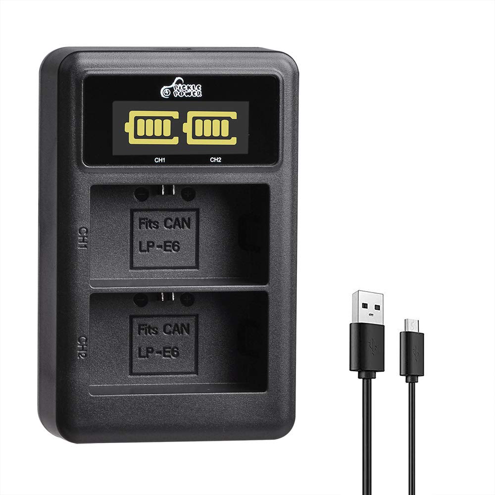 Pickle Power LP-E6 Dual Battery Charger with USB LED Display for Canon EOS 5D Mark II, 5D Mark III, 5D Mark IV, 5DS, 5DS R, 6D, 6D Mark II, 7D, 7D Mark II, 60D, 60DA, 70D, 80D, R DSLR Cameras
