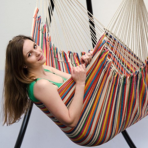 Eyepower XXL Hängesessel 185x130cm Hängestuhl bis 150 kg Baumwolle Hängesitz 2 Personen Hängematte Hängeschaukel Bunte Streifen – Bild 5