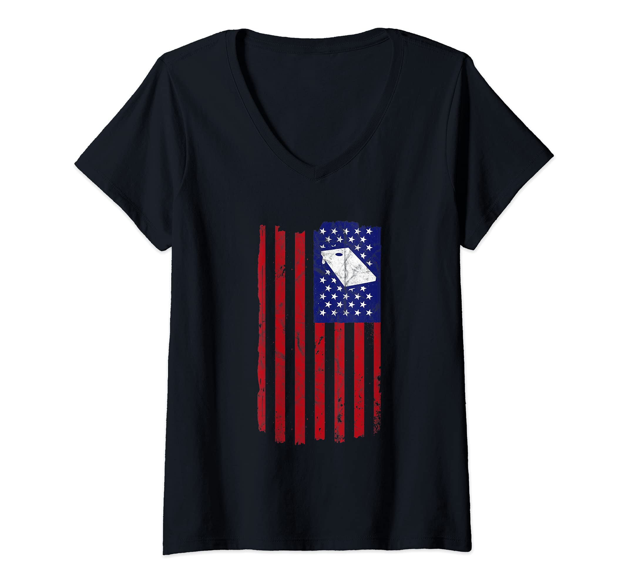 Womens Cornhole Retro American Flag Vintage Team Tournament V-Neck T-Shirt