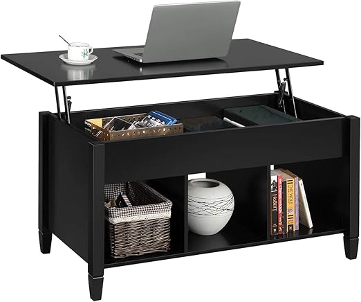 Amazon Com Yaheetech Minimalist Wooden Lift Top Coffee Table W Hidden Storage Compartment Lower 3 Cube Open Shelves For Living Room Reception Room Office Black Furniture Decor