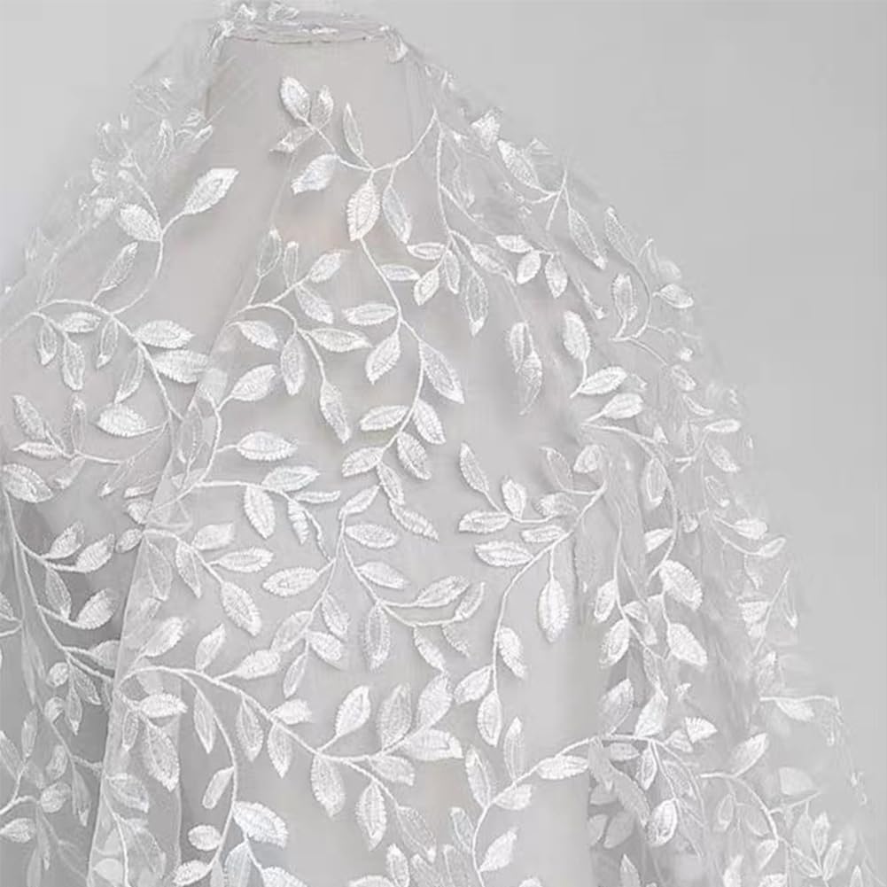 MAYJOYDIY 1.82m×1.64m Vintage Branch Leaves Mesh Lace Fabric Wide White Embroidery Tulle French Sewing Lace Trim Fabrics for DIY Crafts Wedding Party Sewing Dresses Curtains Home Decoration