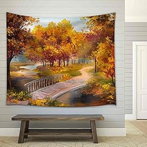 Oil Painting - Autumn Forest with a River and Bridge Over The River, Bright Red Leaves, Colorful - Fabric Wall Tapestry Home Decor - 51x60 inches