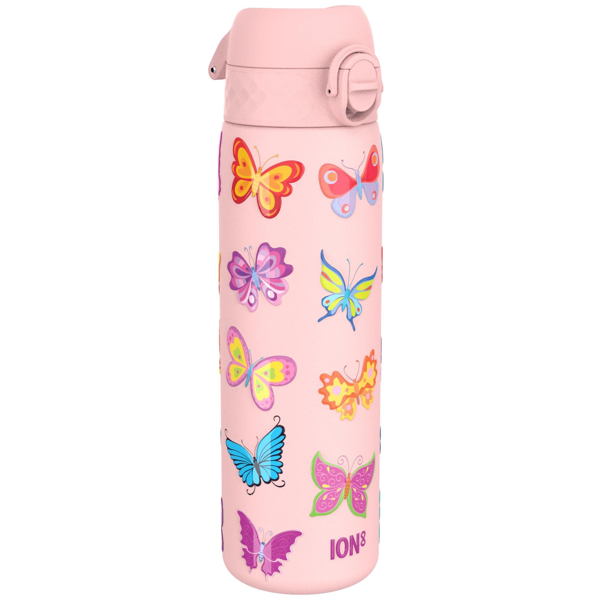 Ion8 Lightweight Steel Water Bottle, 600 ml/20 oz, Non-Insulated, Leak Proof, Easy to Open, Secure Lock, Dishwasher Safe, Flip Cover, Fits Cup Holders, Carry Handle, Metal Water Bottle, Butterflies