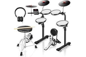 HAMPBACK MK-0 PRO Electric Drum Set with 7'' Mesh Drum Pads, 8'' Full Rubber Cymbals, 5'' Bass Drum, 12 Kits and 68 Authentic Sounds, USB MIDI, Throne, Sticks, Headphone, Suitable for Beginners & Kids